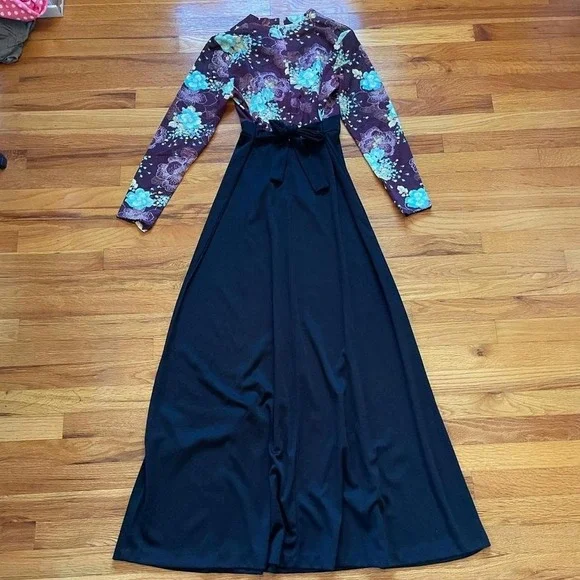 Vintage 70s Black & Brown Maxi Dress Size M Prairie Girl Whimsygoth Retro - Picture 3 of 5